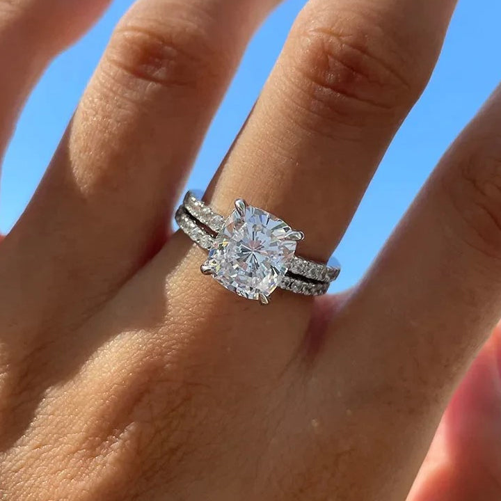 Sale | 2Pcs Solitaire Cushion Cut Bridal Set Rings In Sterling Silver Shineofdiamond