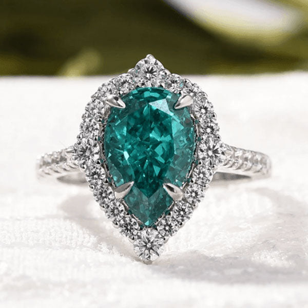 Paraiba Tourmaline Halo Pear Cut Sterling Silver Engagement Ring Shineofdiamond