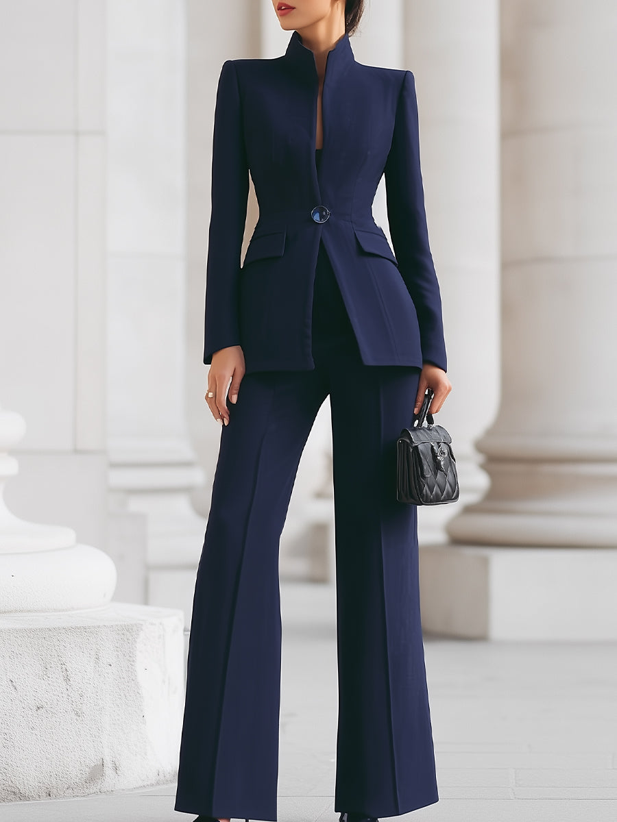 Sophisticated High-Collar Blazer & Wide-Leg Trousers Set SN