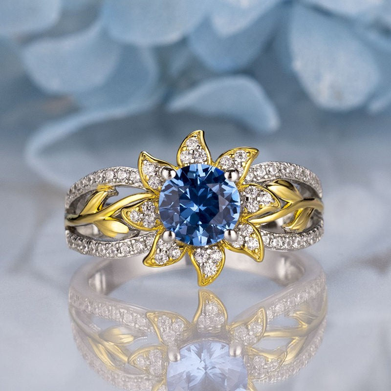 Sunflower Design Round Cut Aquamarine Sterling Silver Engagement Ring Shineofidamond