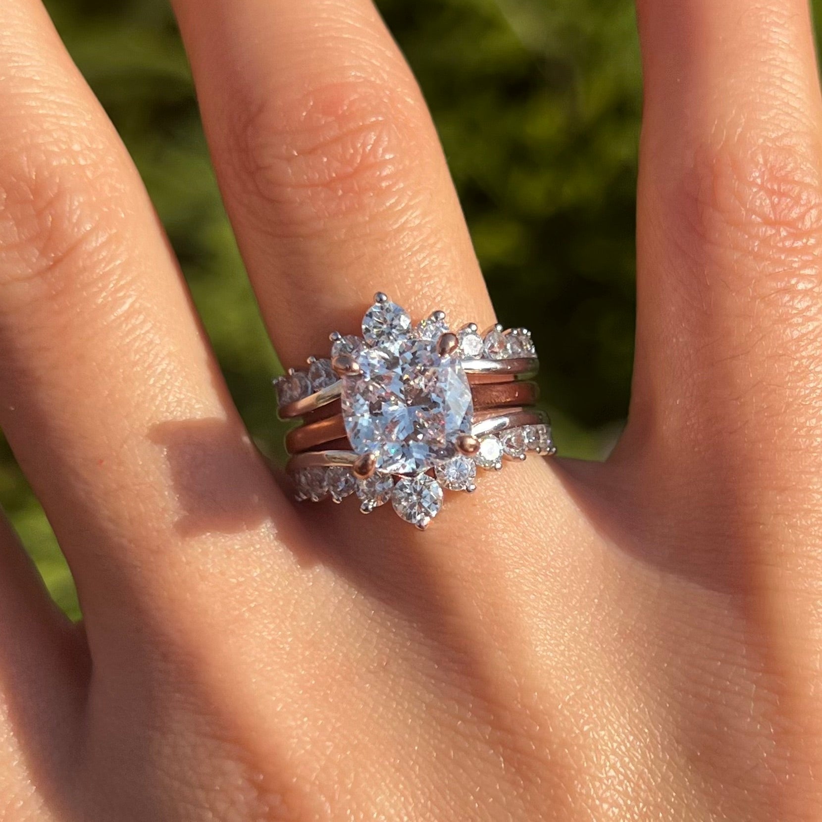 Luxury 2 Pcs Cushion Cut Halo Design With Insert Band Bridal Set Shine of Diamond