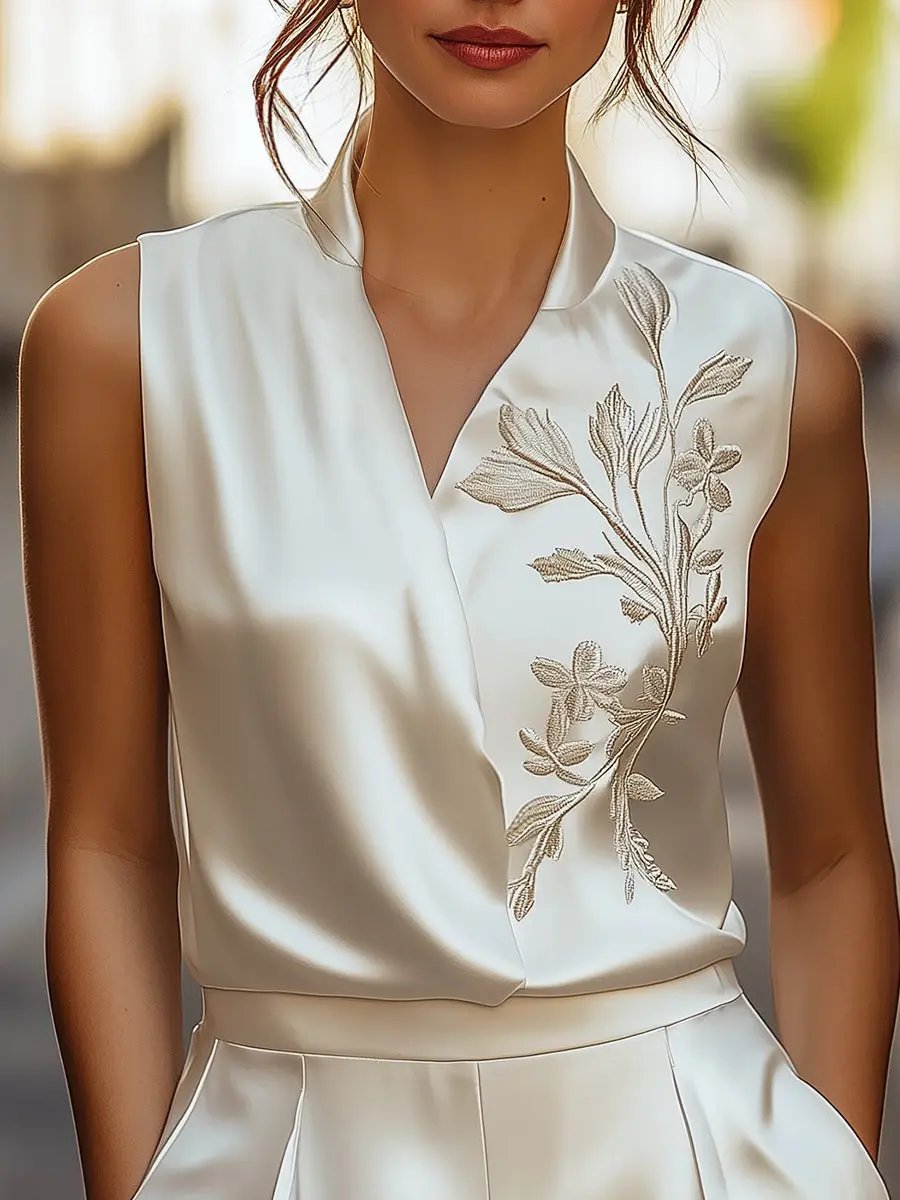 Embroidered V‑Neck Wrap Tie Waist - Blouse CASA LARO