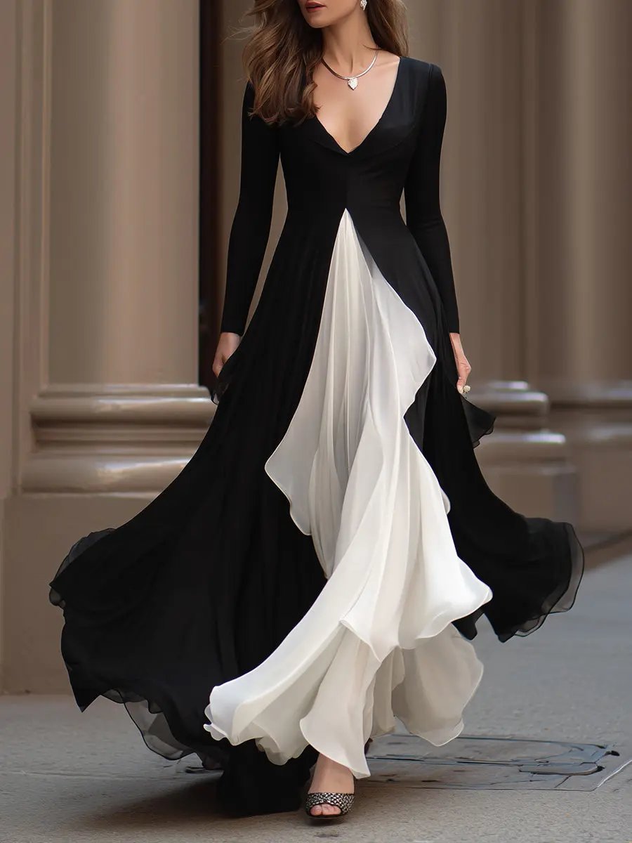 Monochrome Flowing Contrast-Panel Evening Gown - Maxi Dress CASA LARO