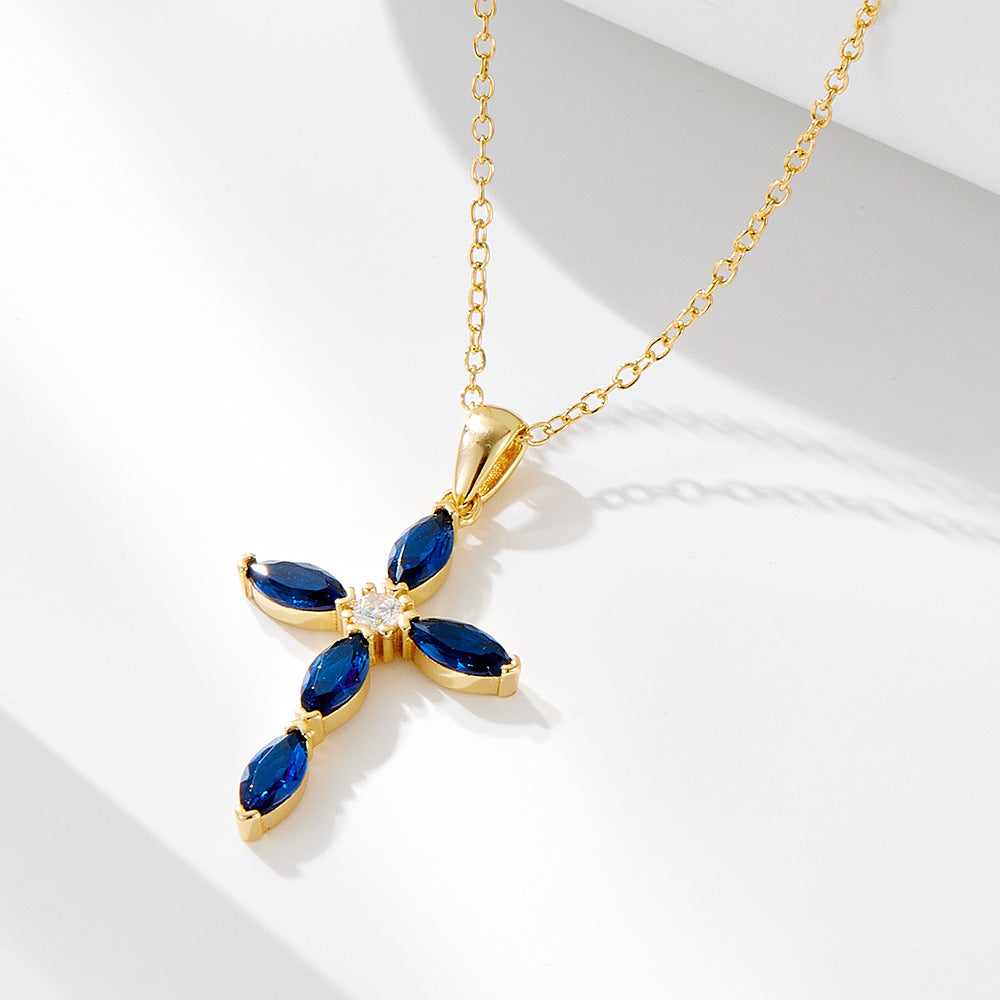 Luxury Blue Cross Design Sterling Silver Necklace Shine of Diamond