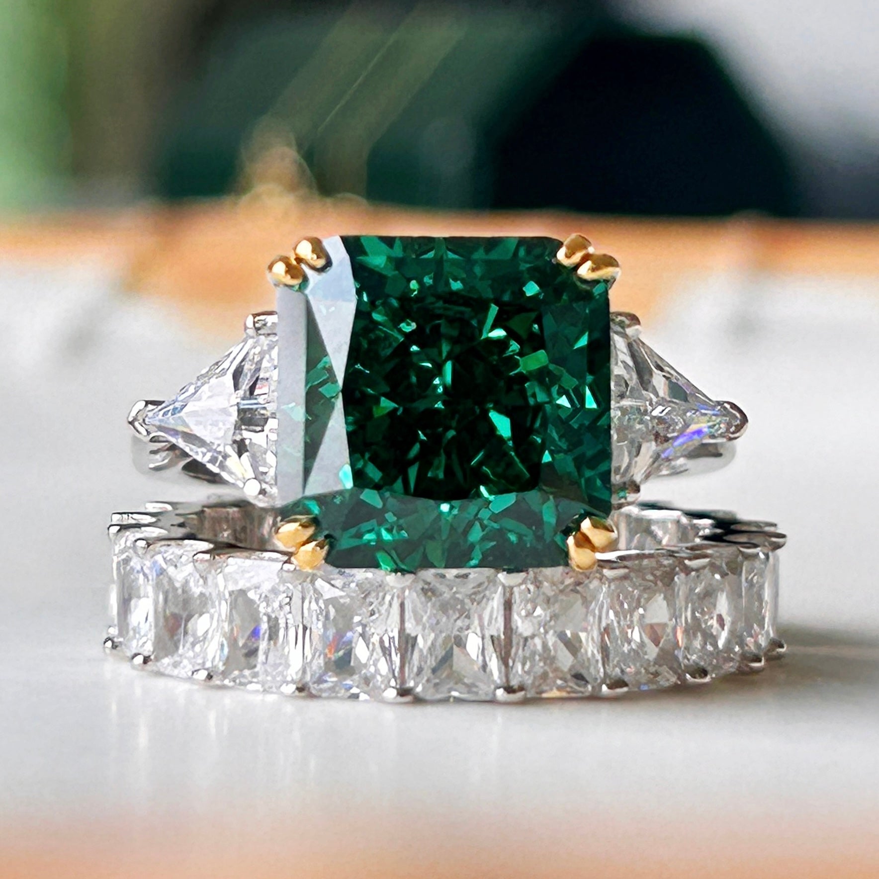 2 Pcs Gorgeous Emerald Green Radiant Cut Sterling Silver Bridal Set For Women Carly Jewelry