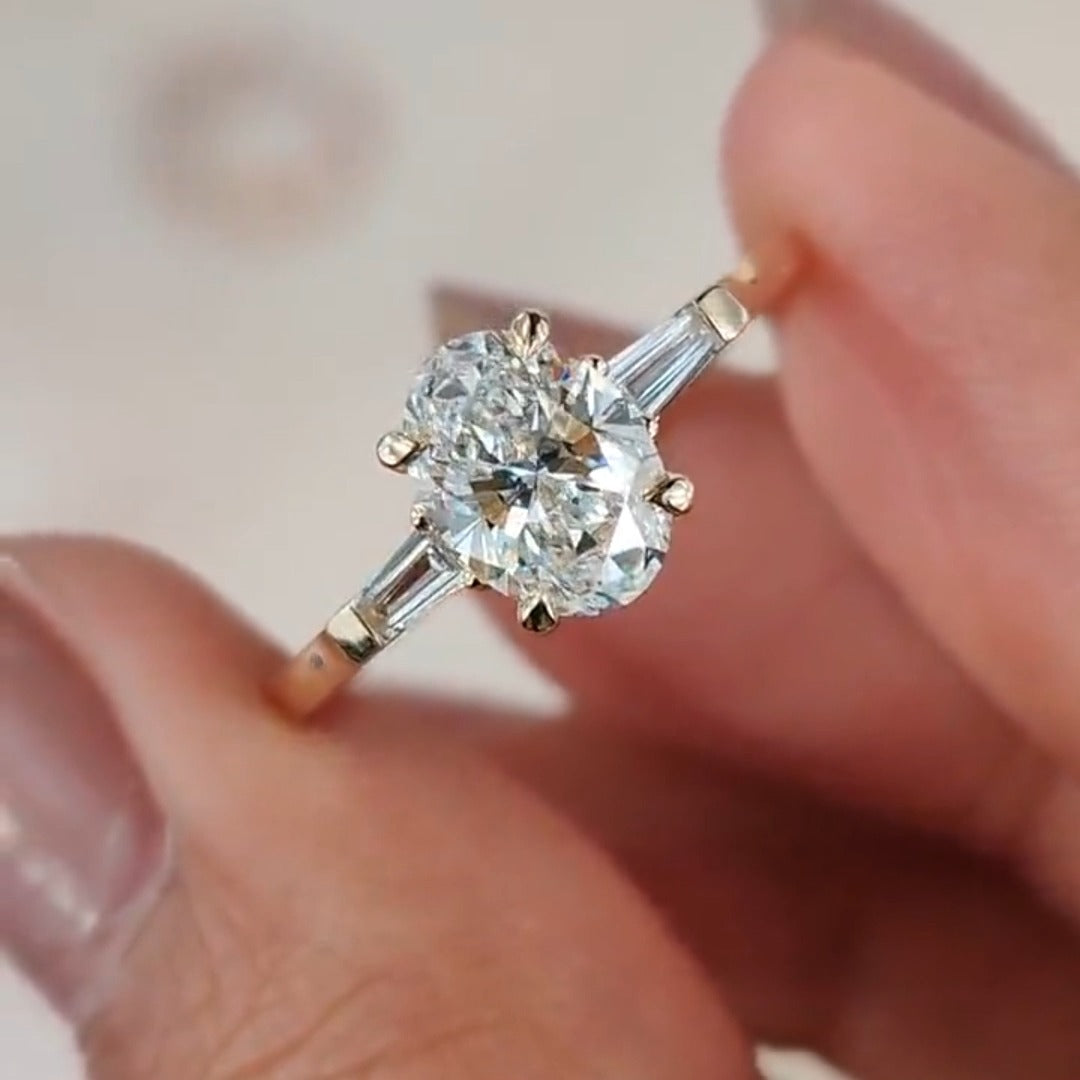 Three Stone Oval Cut with Side Tapered Baguette Cut Engagement Ring Shineofdiamond
