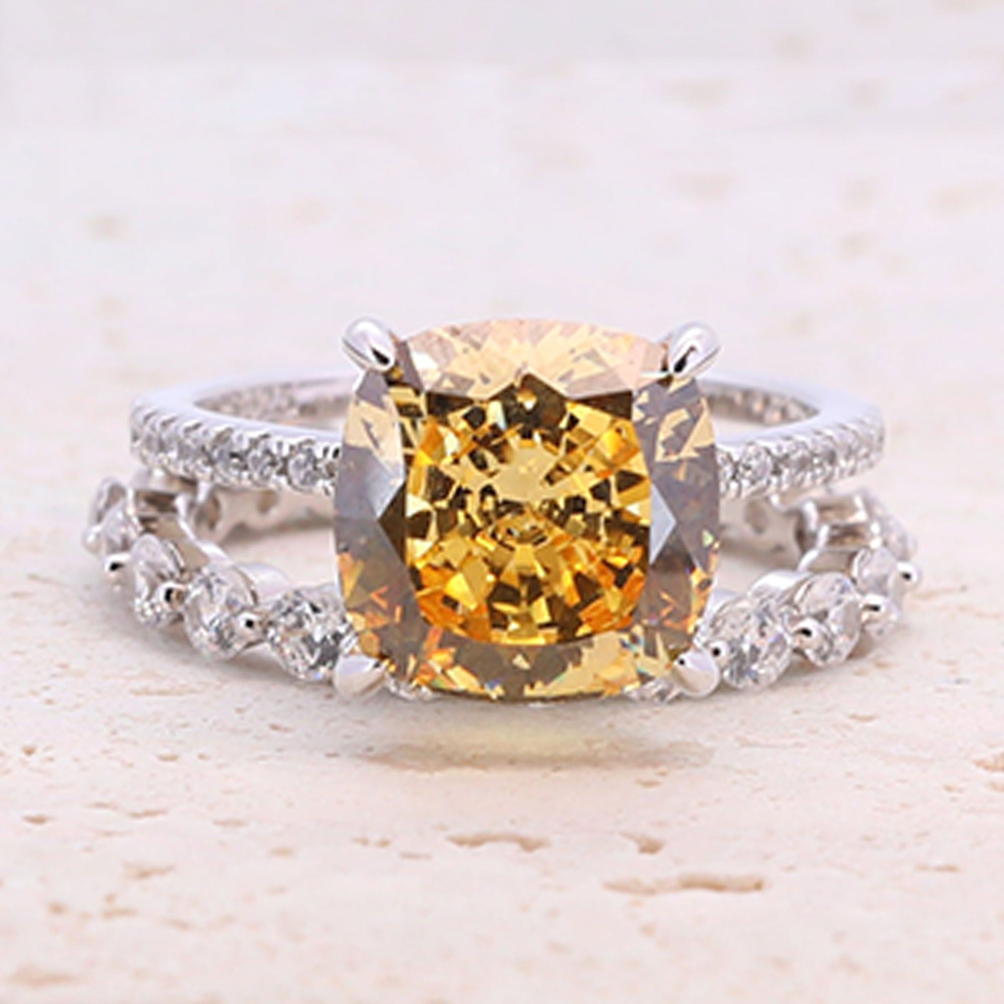 5.0ct Cushion Cut Yellow Gemstone Sterling Silver Bridal Set shine of diamond