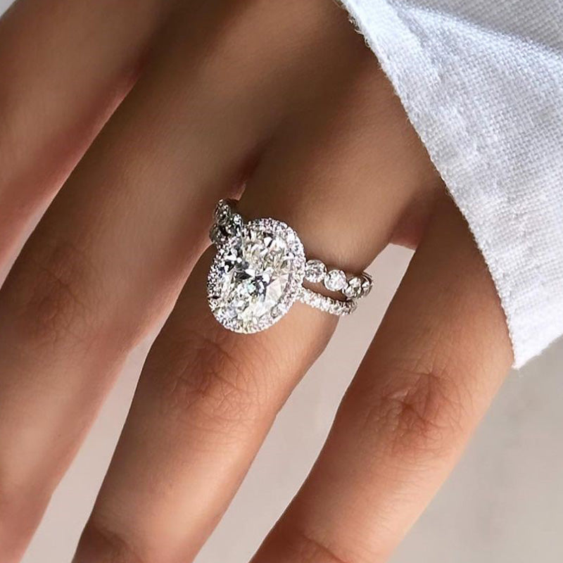 2pcs Halo Oval Cut Wedding Set In Sterling Silver Shineofdiamond