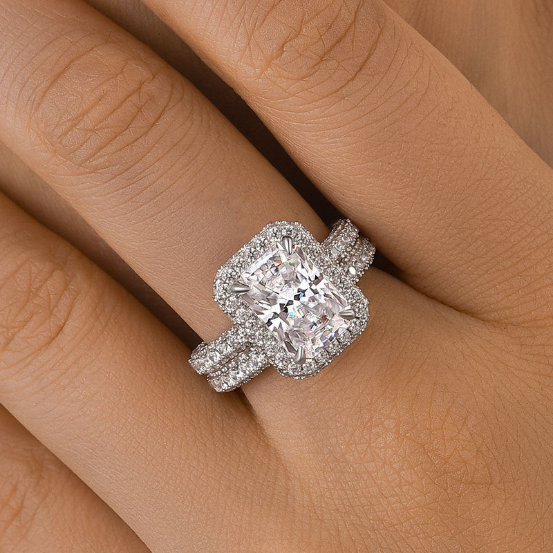 2PCS Halo Radiant Cut Bridal Set Rings in Sterling Silver Shineofidamond
