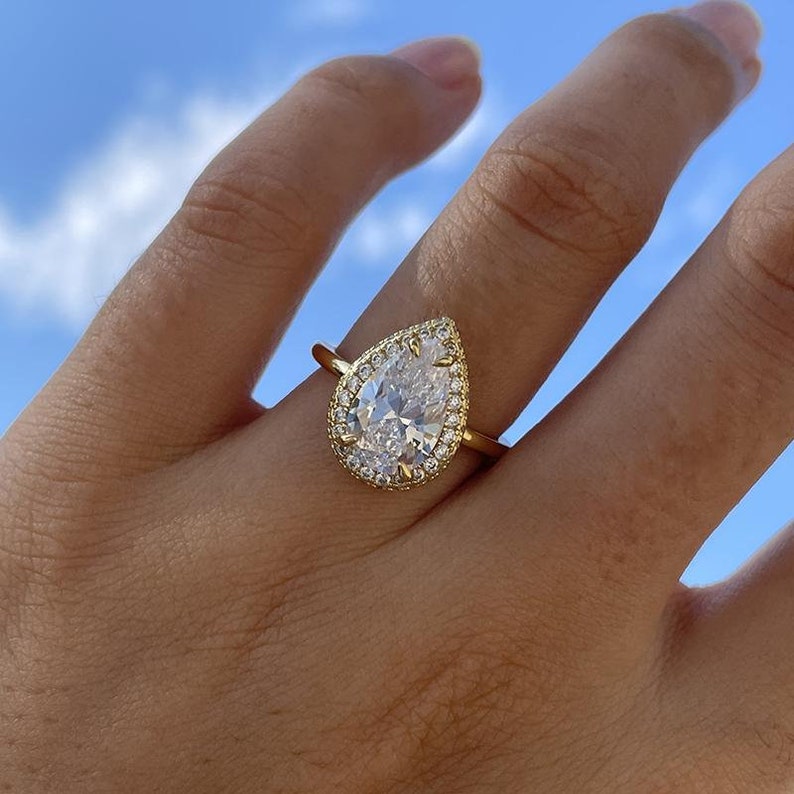 Halo Pear Cut Golden Tone Engagement Ring Shineofidamond