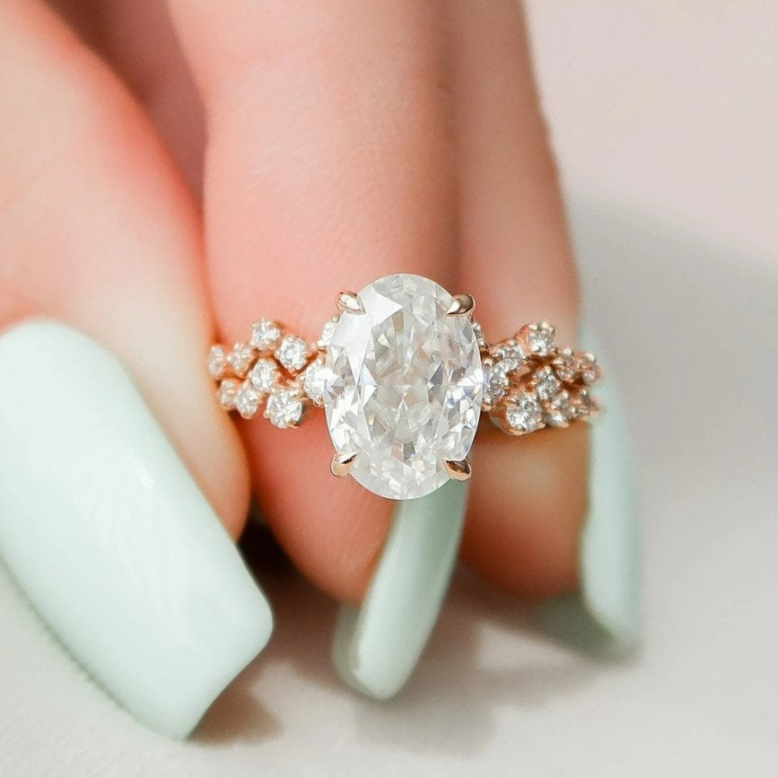 2.0 CT Rose Gold Oval Cut Zig Zag Ring Set Anniversary Ring Set in Sterling Silver Shineofdiamond