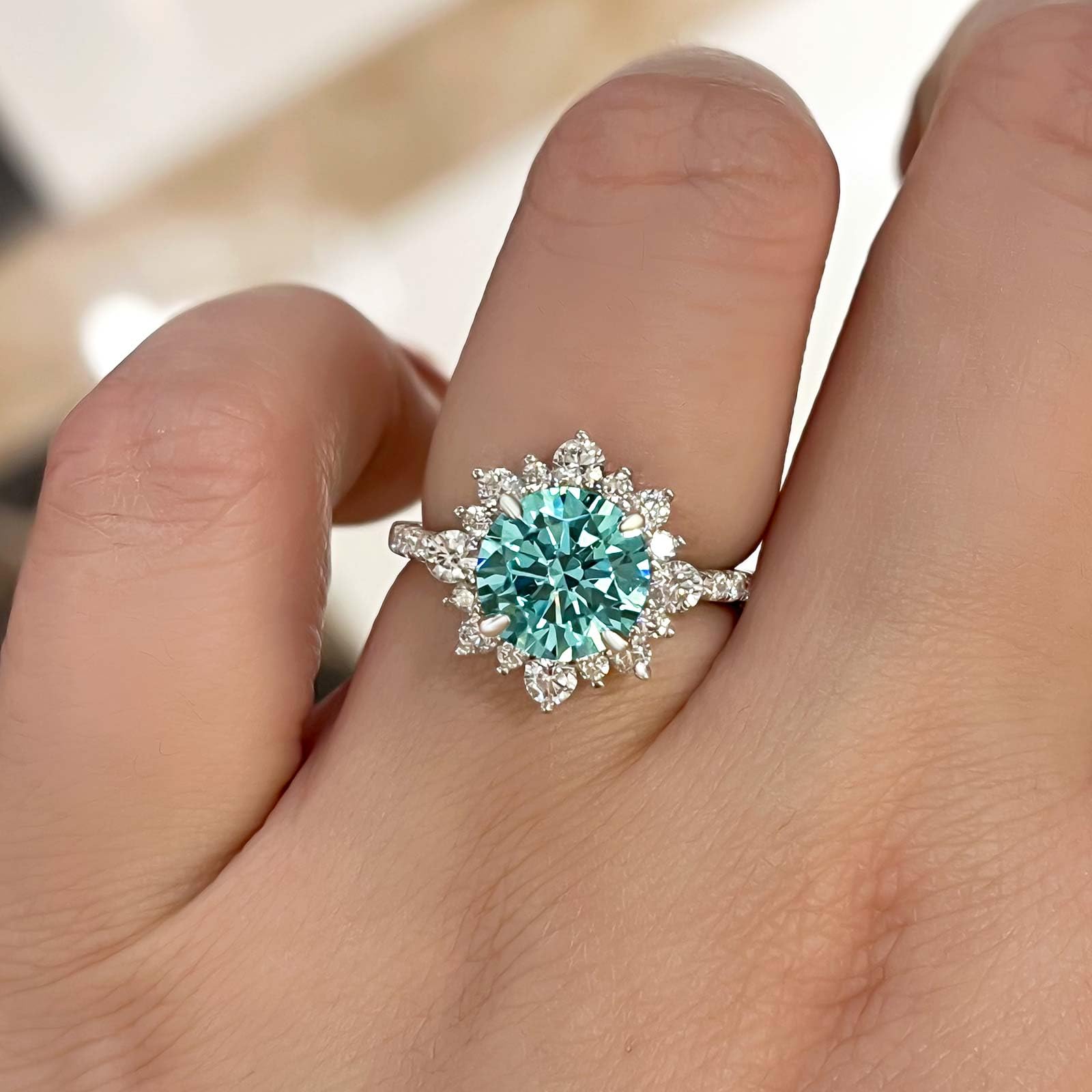 Snowflake Round Cut Cyan Blue Engagement Ring In Sterling Silver Shineofdiamond