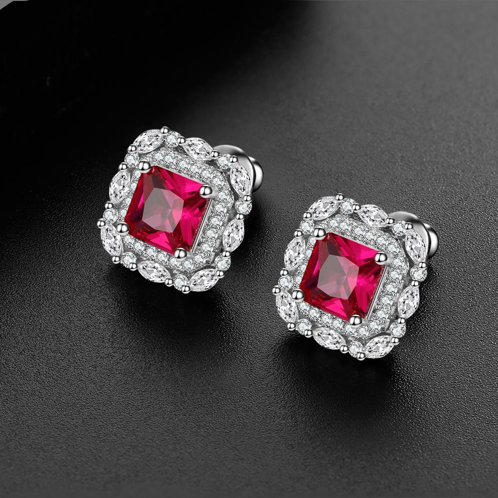 Red Gem Double Halo 925 Sterling Silver Stud Earrings Shineofidamond