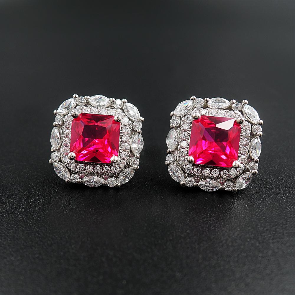 Red Gem Double Halo 925 Sterling Silver Stud Earrings Shineofidamond