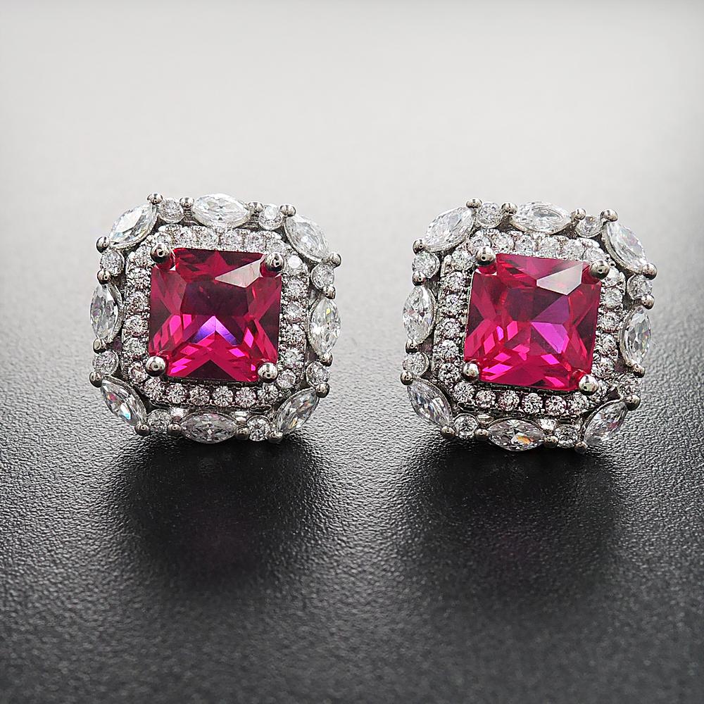 Red Gem Double Halo 925 Sterling Silver Stud Earrings Shineofidamond