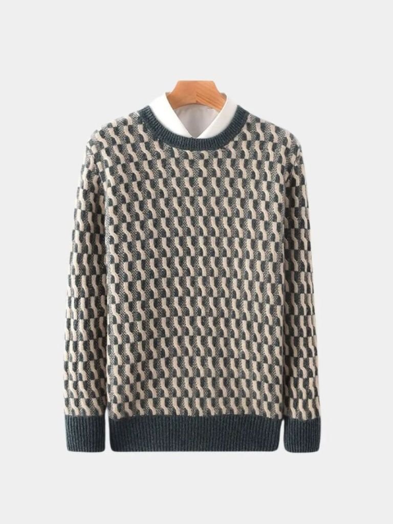 100% Wool Geometric Crew Neck Pullover Sweater - Casa  Laro CASA LARO