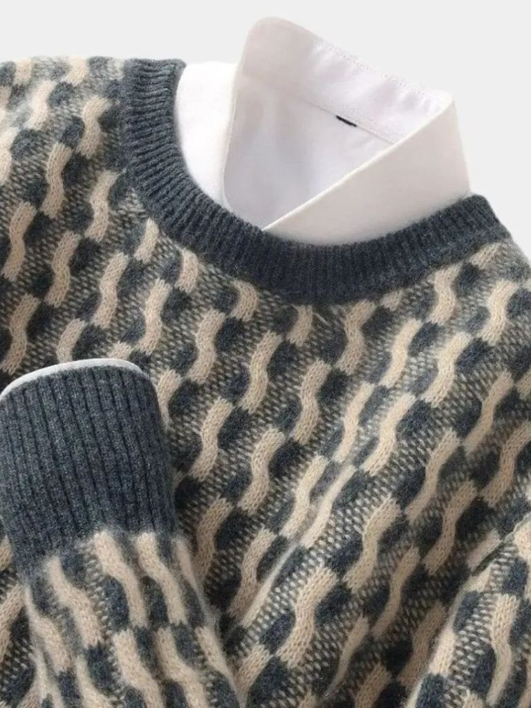 100% Wool Geometric Crew Neck Pullover Sweater - Casa  Laro CASA LARO