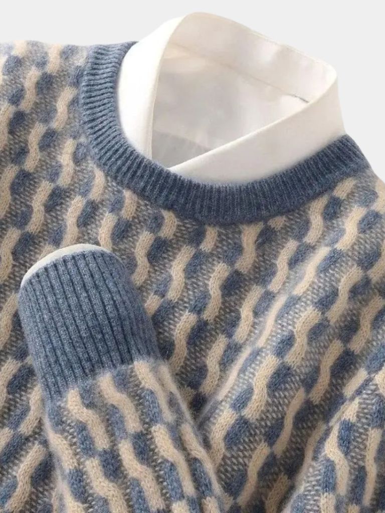 100% Wool Geometric Crew Neck Pullover Sweater - Casa  Laro CASA LARO