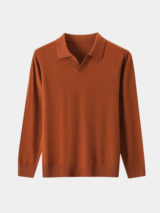 100% Wool Knit V Neck Turndown Polo Pullover - Casa  Laro CASA LARO