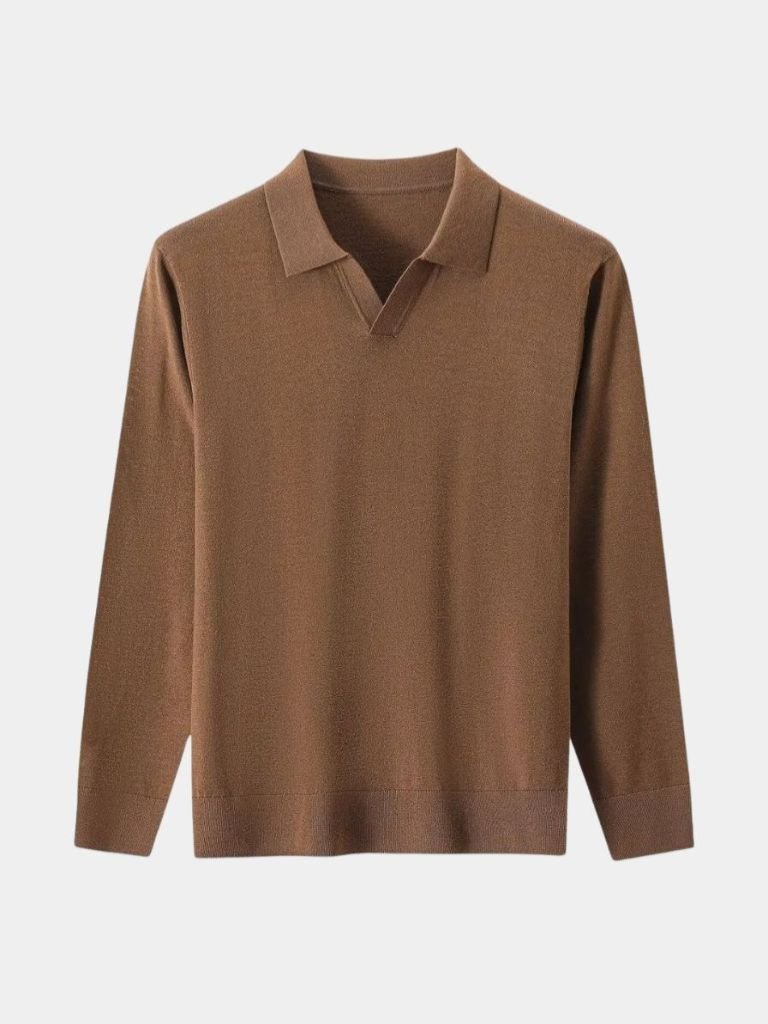 100% Wool Knit V Neck Turndown Polo Pullover - Casa  Laro CASA LARO