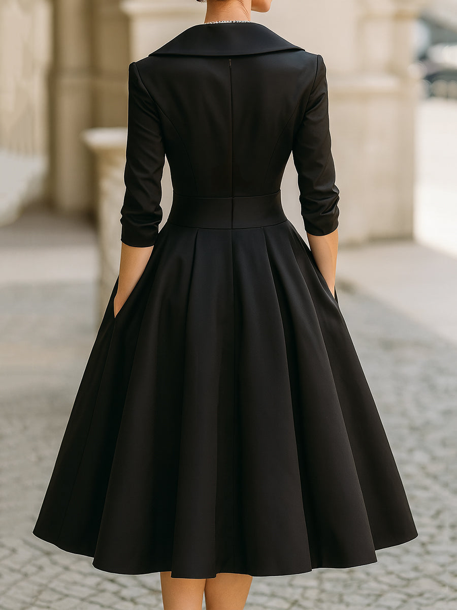 Vintage-Inspired Satin Midi Dress With Draped Collar HWT