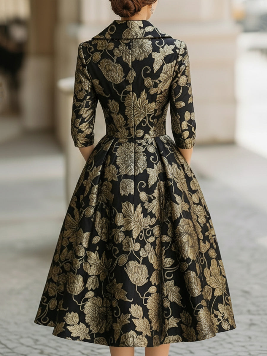 Casa Laro Black & Gold Jacquard Floral Midi Dress HWT