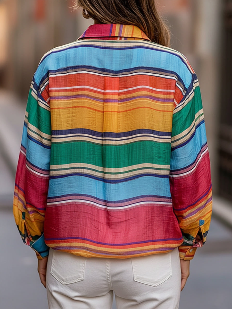 Chic Shirt Collar Rainbow Stripes Linen Blouse HWT