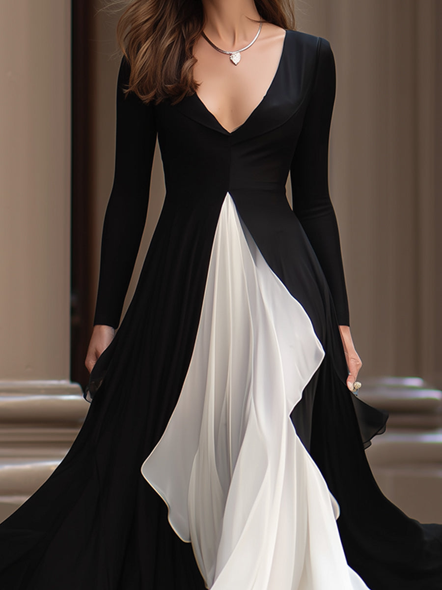 Monochrome Flowing Evening Gown With Contrast Panels XYS