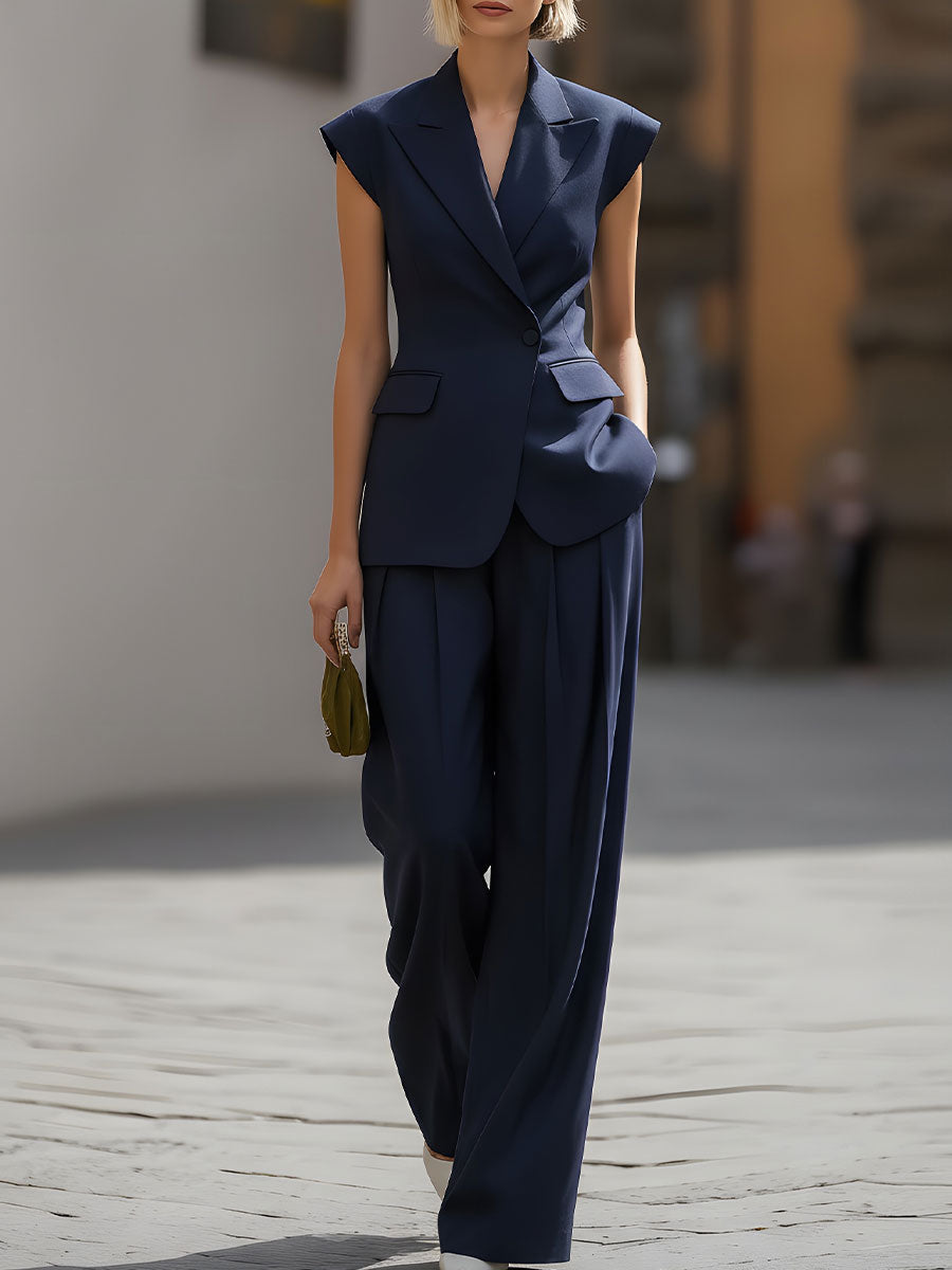 Casa Laro Presents The Sleek Navy Sleeveless Blazer & Wide-Leg Trouser Set SN