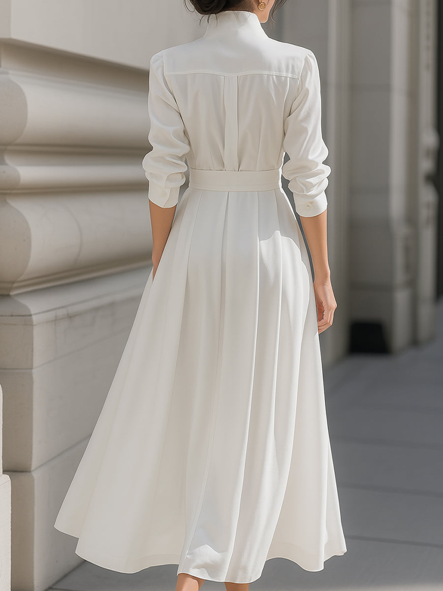 Elegant Plain Belted Shirt Dress With Pleated Skirt HWT
