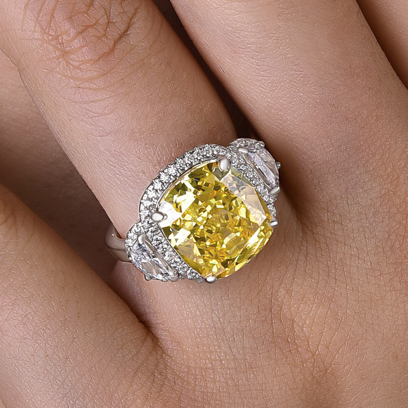 Halo Yellow  Cushion Cut Three Stone Sterling Silver Engagement Ring Shineofdiamond