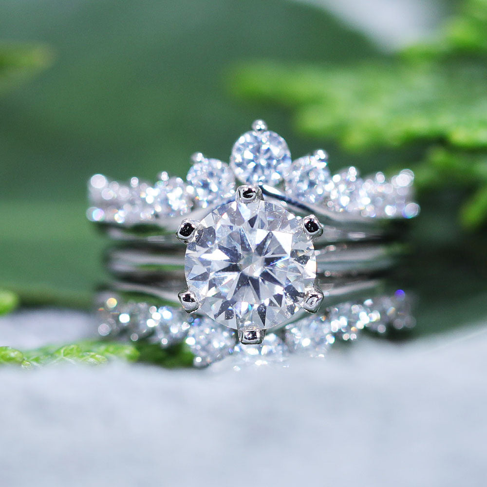 Classic Round Cut Enhancer Wedding Bridal Set In Sterling Silver shine