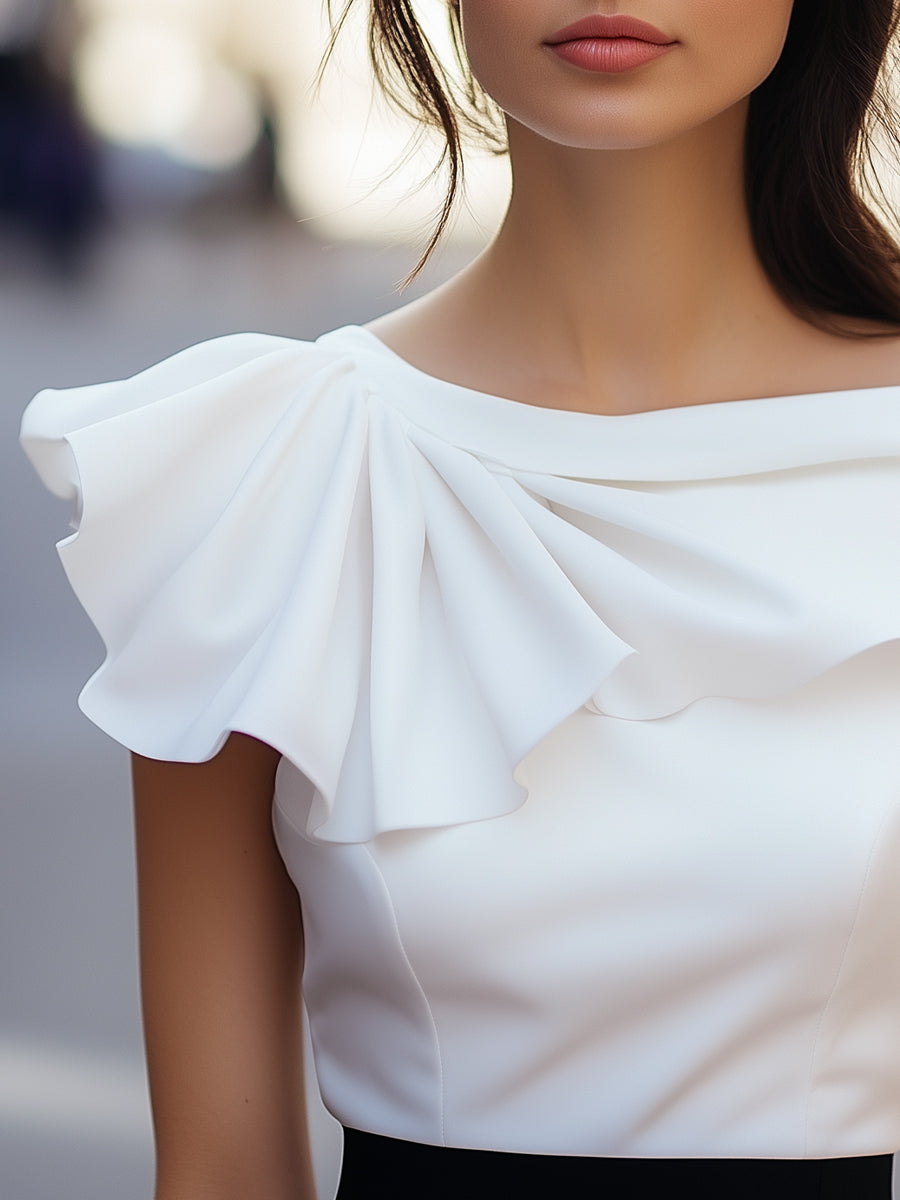 Chic Asymmetric Ruffle Blouse with Boat Neck MLZ