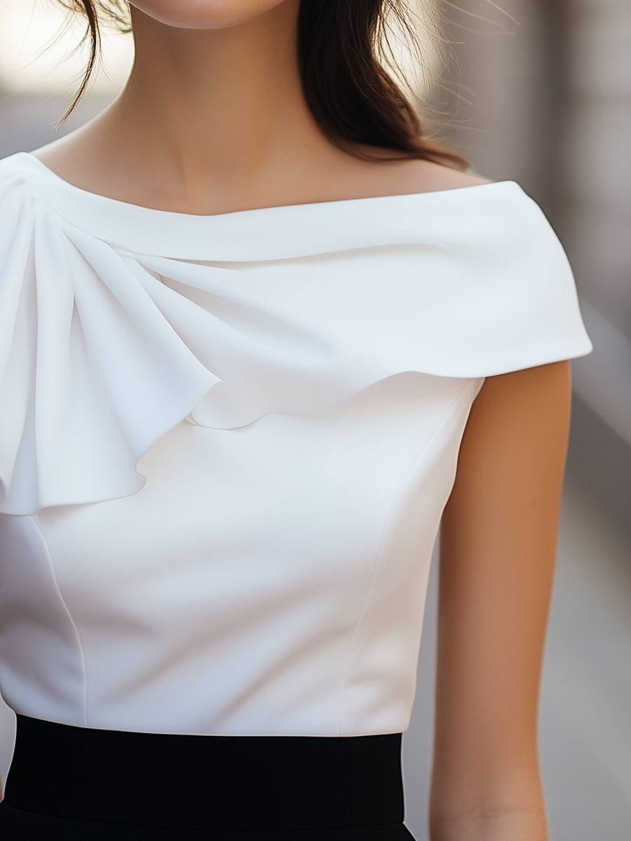 Chic Asymmetric Ruffle Blouse with Boat Neck MLZ