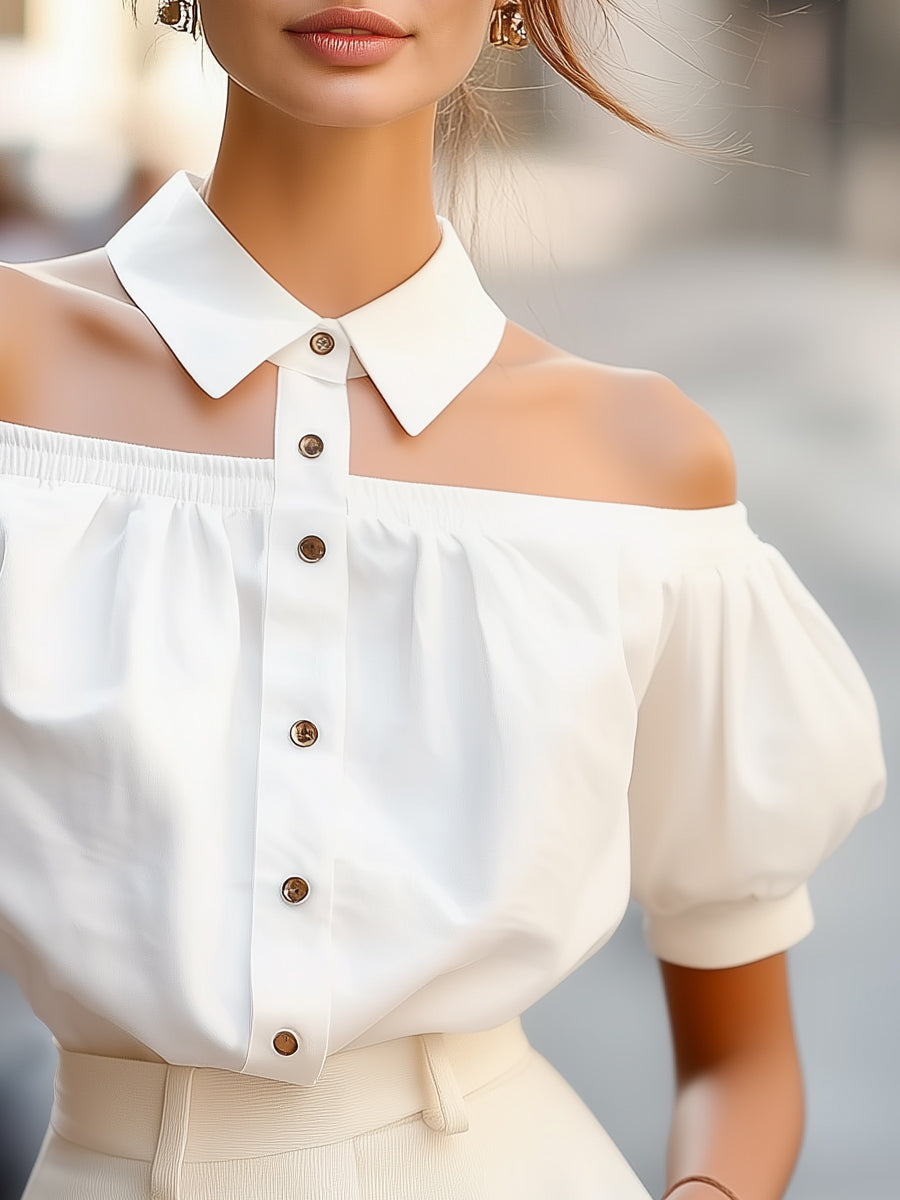Chic Off-Shoulder Button-Up Blouse with Statement Collar MLZ