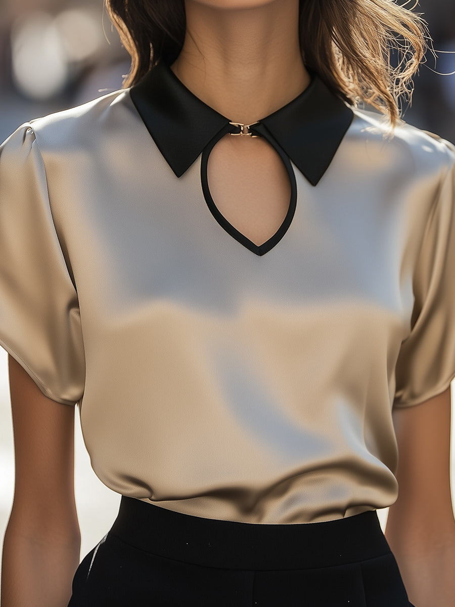 Contrast Collar Satin Keyhole Blouse XYS