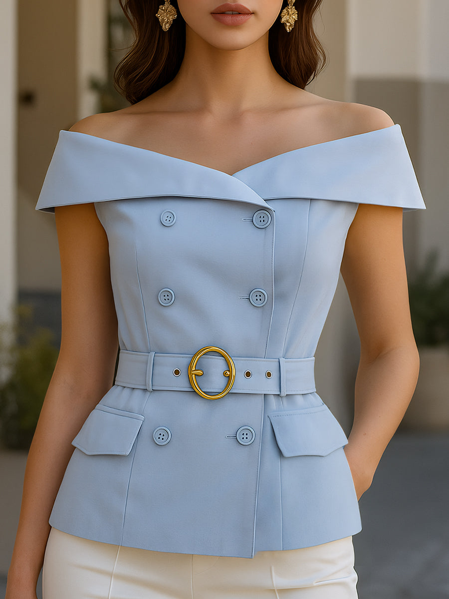 Elegant Off-Shoulder  Belted Blazer Top MLZ
