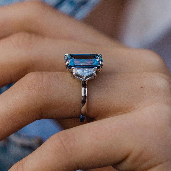 Light Aquamarine Emerald Cut Three Stone Engagement Ring In Sterling Silver hot