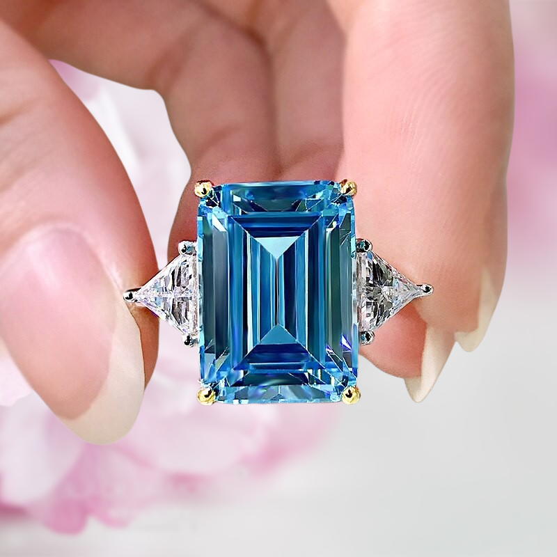 Emerald Cut Sky Blue Gemstone Three Stone Sterling Silver Engagement Ring Shineofdiamond