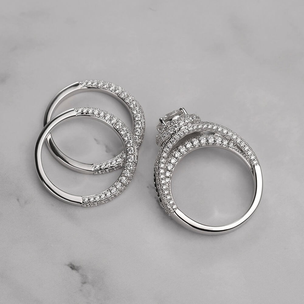 2.85CT 3-Piece Halo Round Cut Sterling Silver Bridal Sets Shineofdiamond