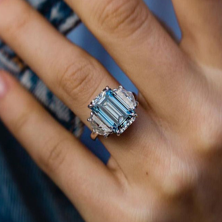 Light Aquamarine Emerald Cut Three Stone Engagement Ring In Sterling Silver hot