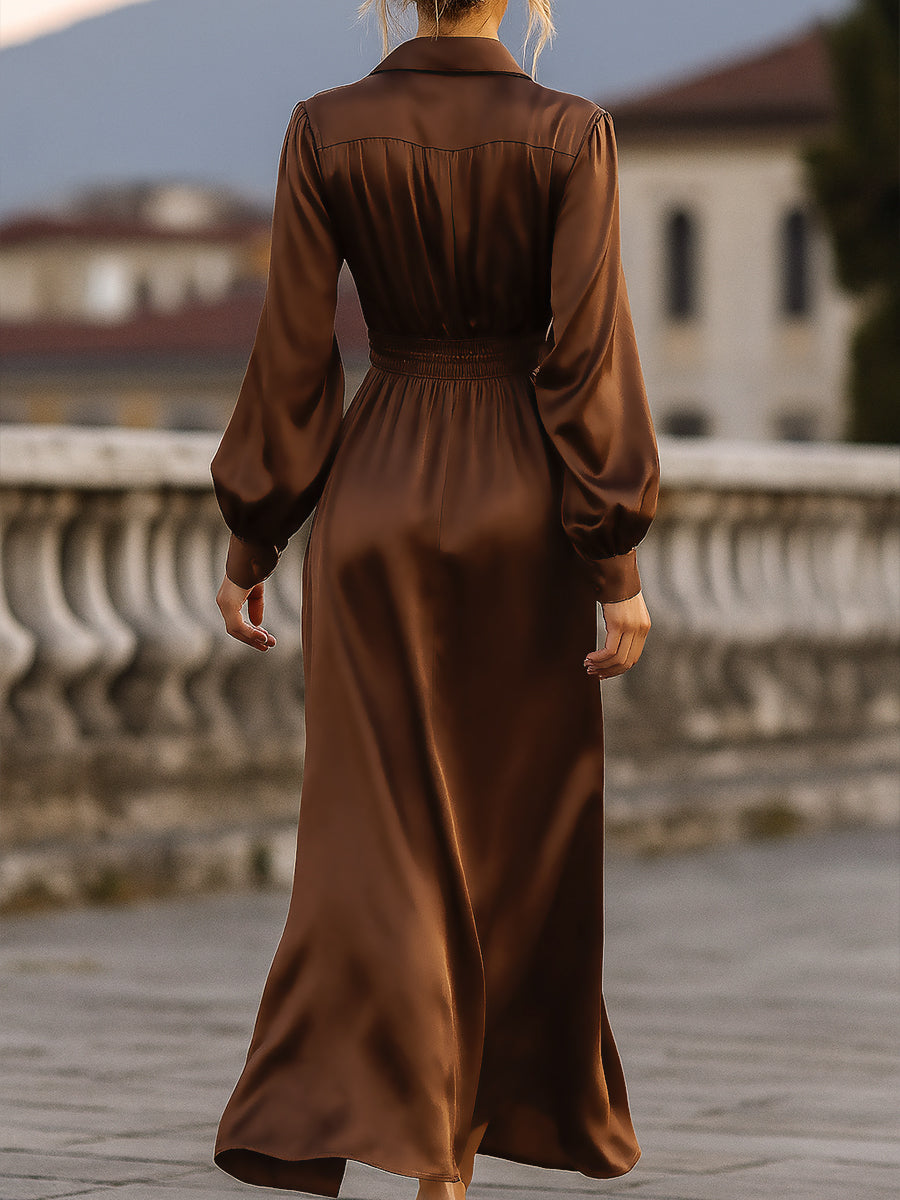 Casa Laro Satin Cinched Waist Maxi Dress In Mocha Brown ZJ
