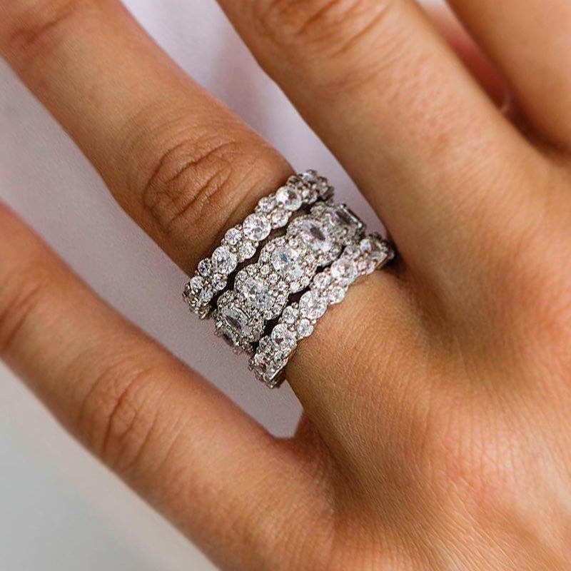 Gorgeous 3pcs Oval & Round Cut Sterling Silver Wedding Band Set Shineofdiamond