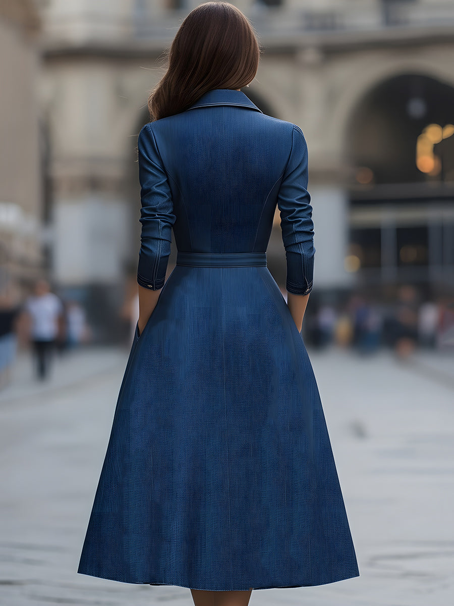 Elegant Zippered Belted Denim Midi Dress HWT