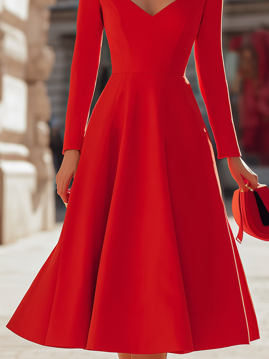 Elegant Red V - Neck Midi Fit - And - Flare Dress SN