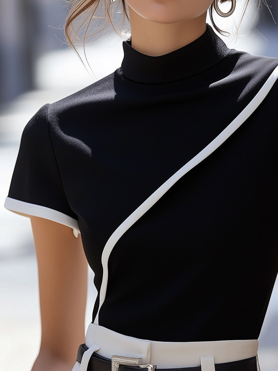 Elegant Black High-Neck Top with White Trim XYS