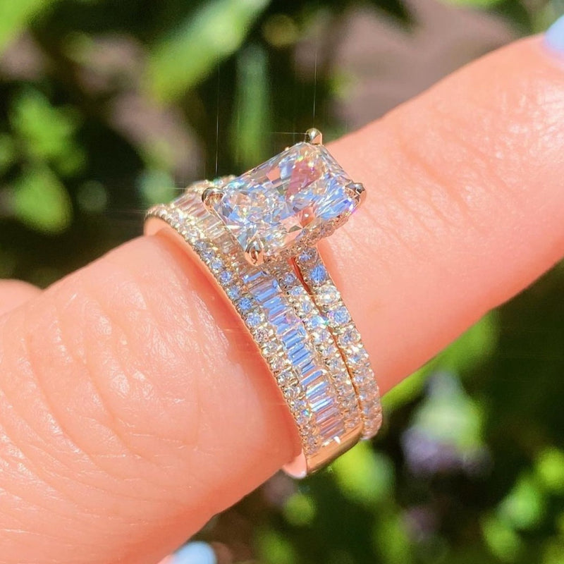 4PCS Radiant Cut Ring With Baguette & Pear Band Bridal Set in Sterling Silver Shineofdiamond