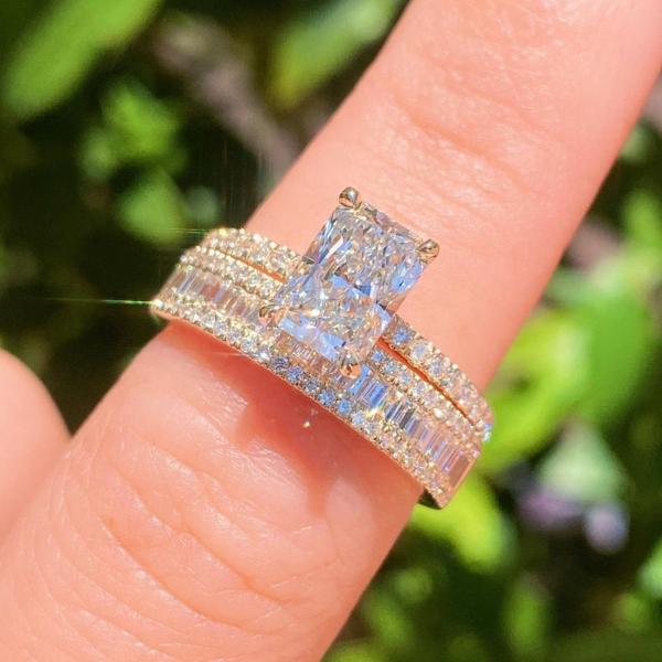 2PCS Radiant Cut Ring With Baguette Band Bridal Set in Sterling Silver Shineofdiamond