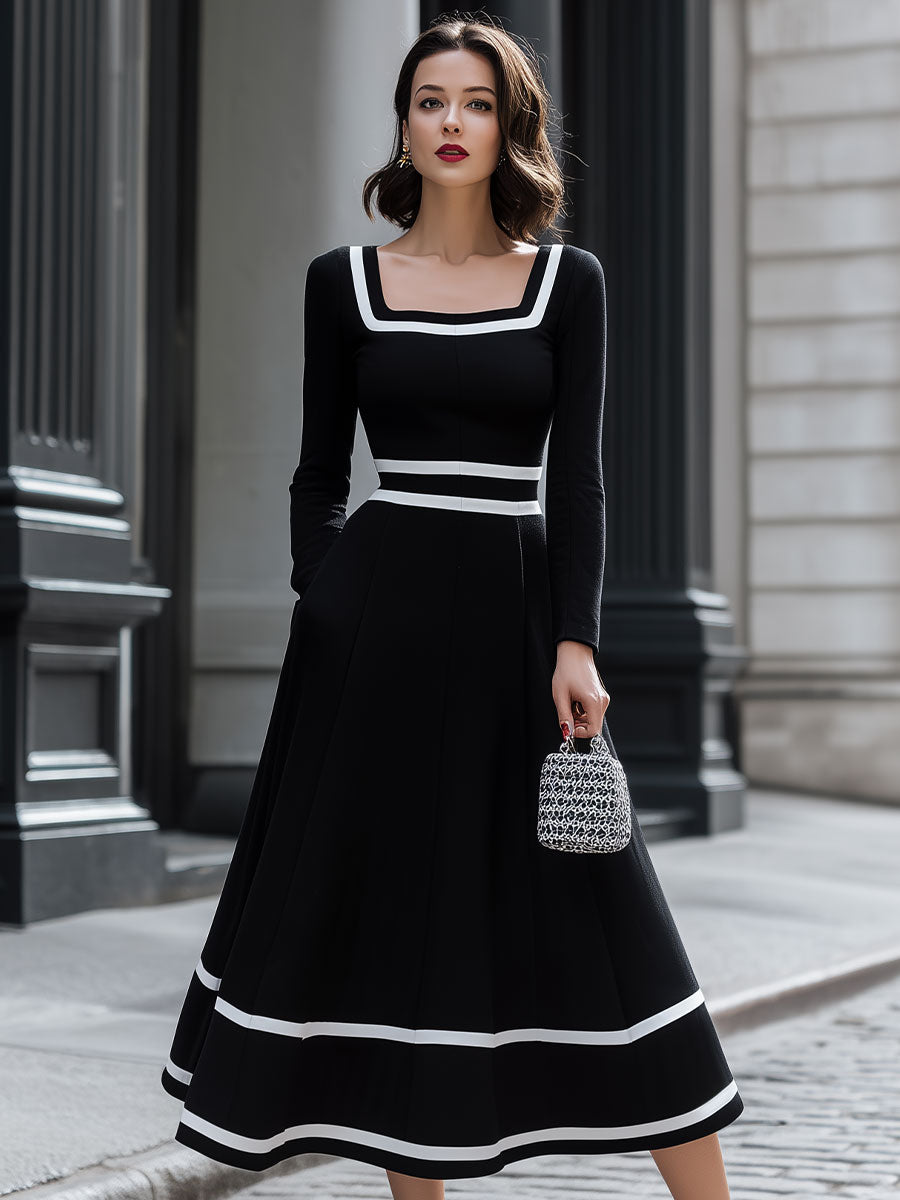 Casa Laro Retro Black & White Contrast Square Neck Midi Dress SN