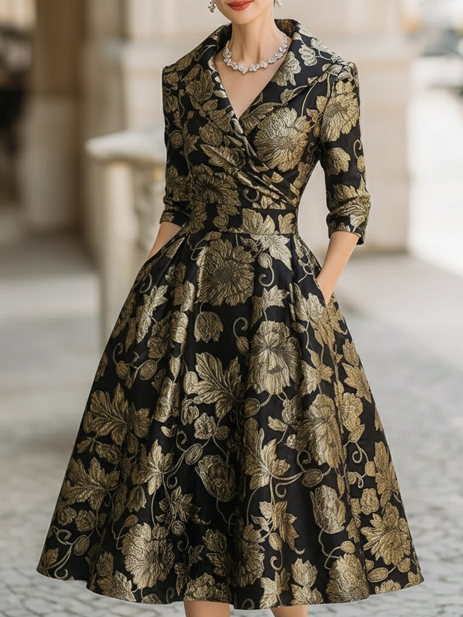 Casa Laro Black & Gold Jacquard Floral Midi Dress HWT